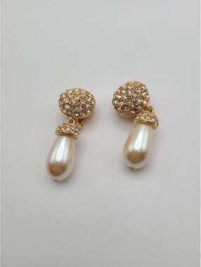 St. John Faux Pearl And Crystal Dangle Earrings, Signed